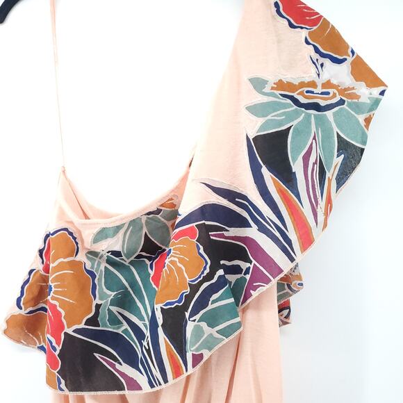 Free People Boho Annka Linen Floral Botanical One Shoulder Flutter SleeveTank S - Picture 9 of 10